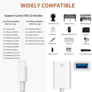 Lightning to USB Camera Adapter Apple MFi Certified Lightning Female USB 3.0 OTG Cable Adapter Compatible with iPhone/iPad, Supports Connect Camera, Card Reader, USB Flash Drive, MIDI Keyboard, Mouse