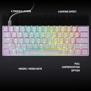 targeal 60% Mechanical Gaming Keyboard - 61 Keys Gateron Red Switch Quiet Office Computer Keyboard - Multi Color RGB Rainbow Led Backlit - Programmable for PC/Windows/Mac/Gamer - USB Wired - White