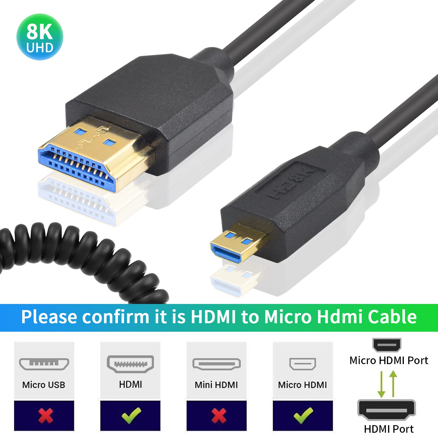 Duttek 8K Micro HDMI to HDMI Coiled Cable, 48Gbps HDMI to Micro HDMI 2.1 Version, Ultra Thin Micro HDMI Male to HDMI Male Cable Support Dynamic HDR for 8K@60Hz, 4K@120Hz Digital Cameras 4FT/1.2M