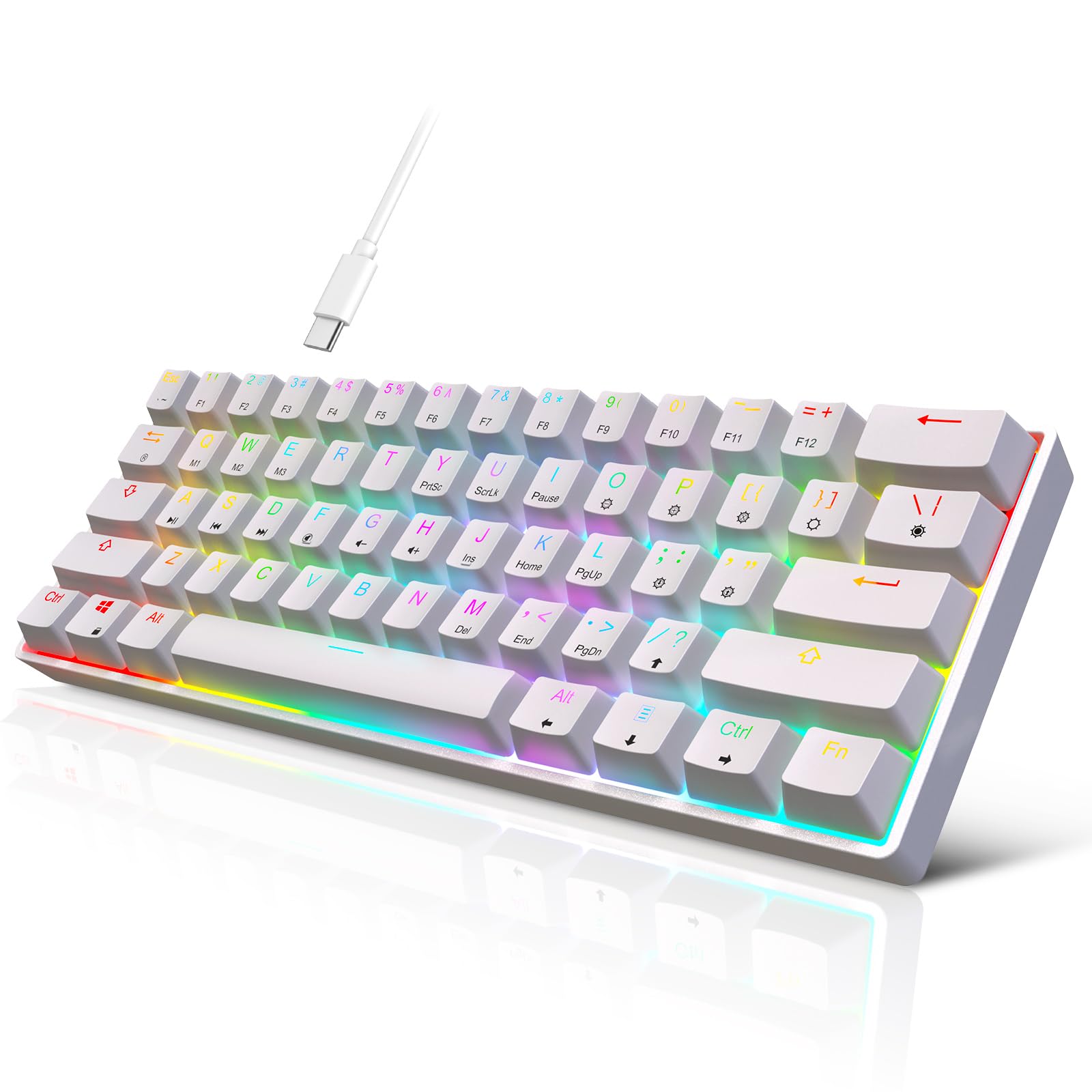 targeal 60% Mechanical Gaming Keyboard - 61 Keys Gateron Red Switch Quiet Office Computer Keyboard - Multi Color RGB Rainbow Led Backlit - Programmable for PC/Windows/Mac/Gamer - USB Wired - White