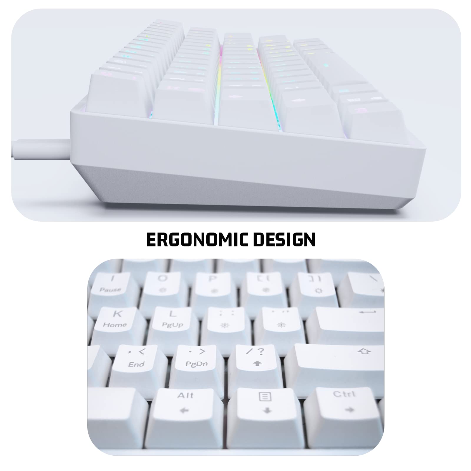 targeal 60% Mechanical Gaming Keyboard - 61 Keys Gateron Red Switch Quiet Office Computer Keyboard - Multi Color RGB Rainbow Led Backlit - Programmable for PC/Windows/Mac/Gamer - USB Wired - White