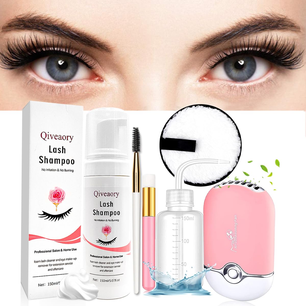 150ml/5.07fl.oz Eyelash Extension Cleanser, Lash Shampoo for Eyelash Extension Eyelash Brush with Cap USB Lash Fan Mascara Brush Wash Bottle Reusable Makeup Remover Pad, Paraben & Sulfate Free