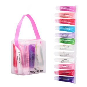 m&u glitter lip gloss set with carrying case, 12pcs assorted flavors moisturizing shimmer glossy lip party favor make-up for kids and teens ages 5+