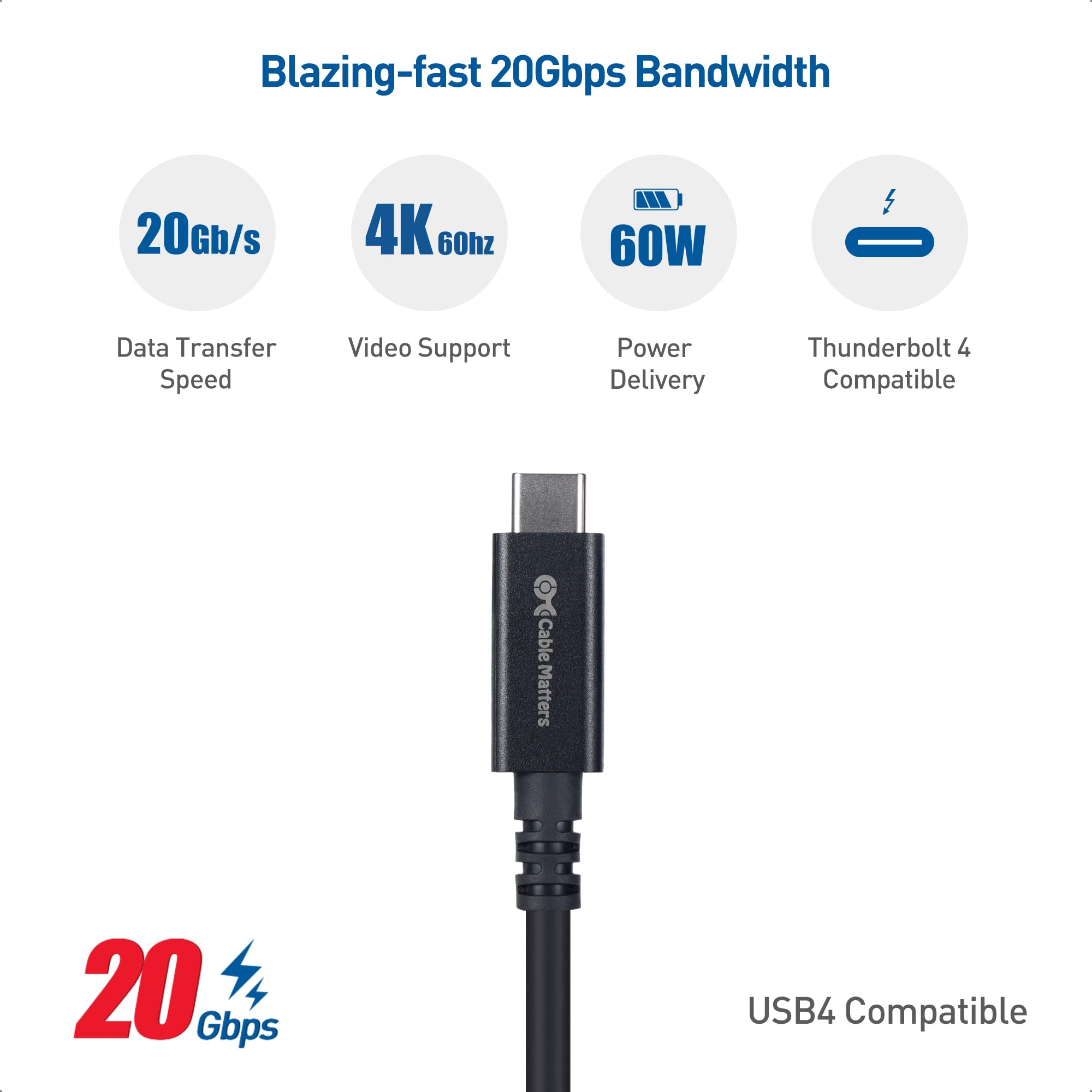 Cable Matters 20Gbps Active USB4 Cable 16.4 ft / 5m with 4K Video & 60W Charging, Compatible with Thunderbolt 4/3, USB C for VR Headset, Apple Vision Pro, MacBook Pro, DELL XPS, Surface Pro and More