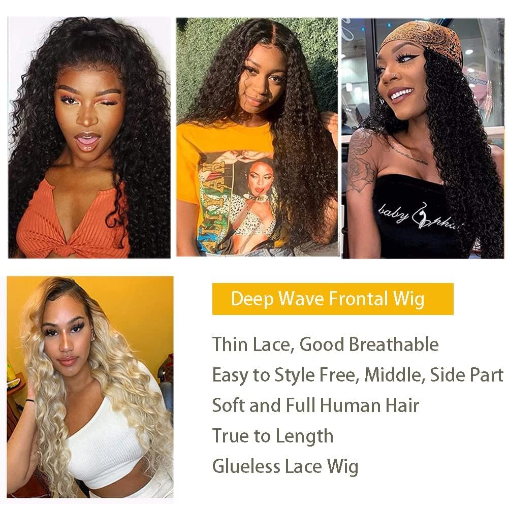 Curly Lace Front Wig Human Hair 13x4 180% Density Deep Wave Lace Front Wigs Human Hair HD Transparent Glueless Lace Frontal Wigs Pre Plucked Natural Color 18 Inches