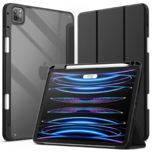 jetech case for ipad pro 11 inch 2022/2021/2020/2018 (4th/3rd/2nd/1st gen) with pencil holder, clear transparent back shell slim stand shockproof tablet cover, auto wake/sleep (black)