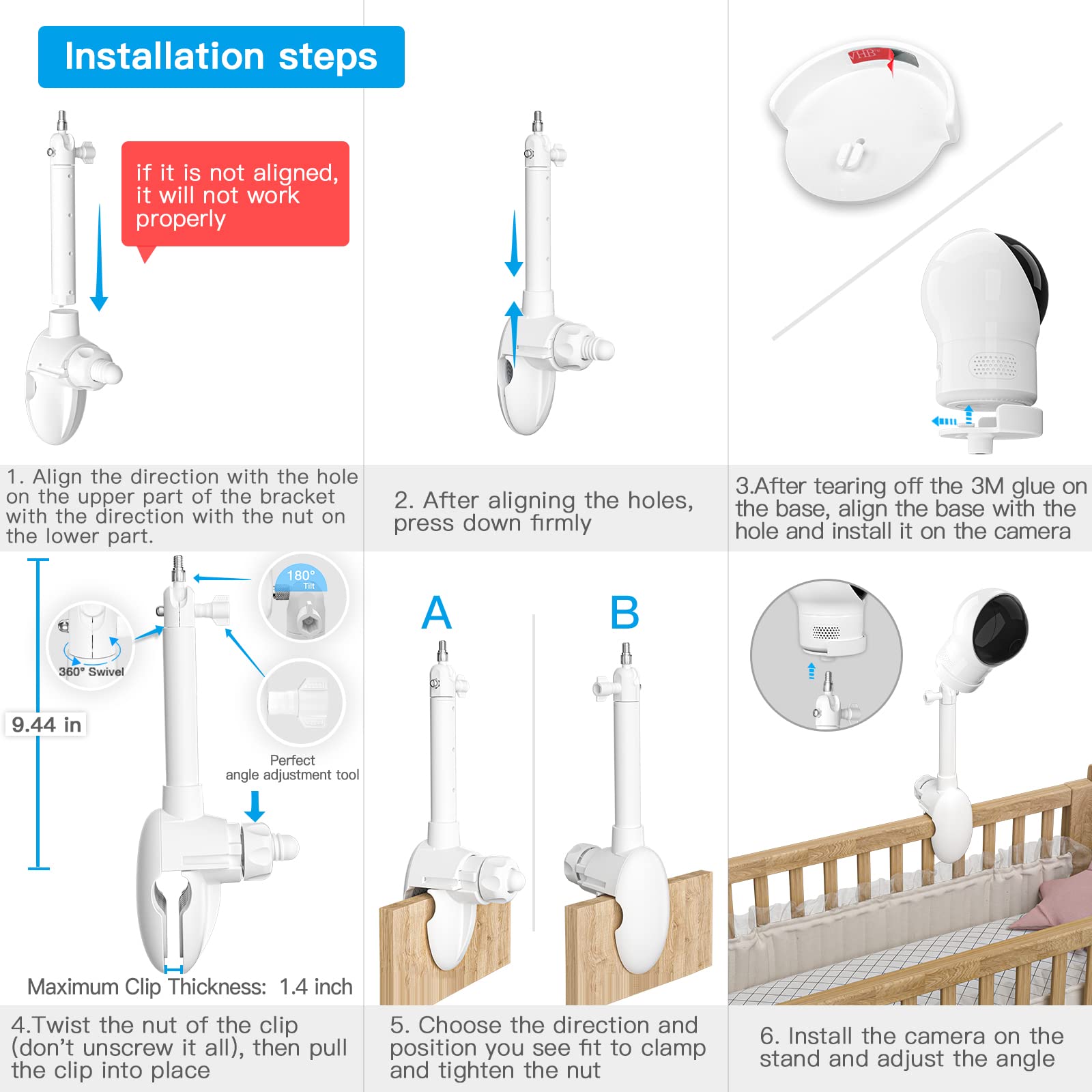 OkeMeeo Adjustable Baby Monitor Crib Mount for eufy Spaceview Baby Monitor E110, Spaceview Pro Baby Monitor E210, Spaceview S, Baby Monitor 2 and Vtech VM901