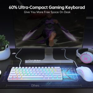 targeal 60% Mechanical Gaming Keyboard - 61 Keys Gateron Red Switch Quiet Office Computer Keyboard - Multi Color RGB Rainbow Led Backlit - Programmable for PC/Windows/Mac/Gamer - USB Wired - White