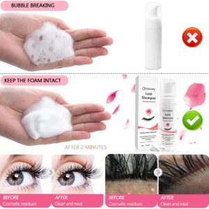 150ml/5.07fl.oz Eyelash Extension Cleanser, Lash Shampoo for Eyelash Extension Eyelash Brush with Cap USB Lash Fan Mascara Brush Wash Bottle Reusable Makeup Remover Pad, Paraben & Sulfate Free