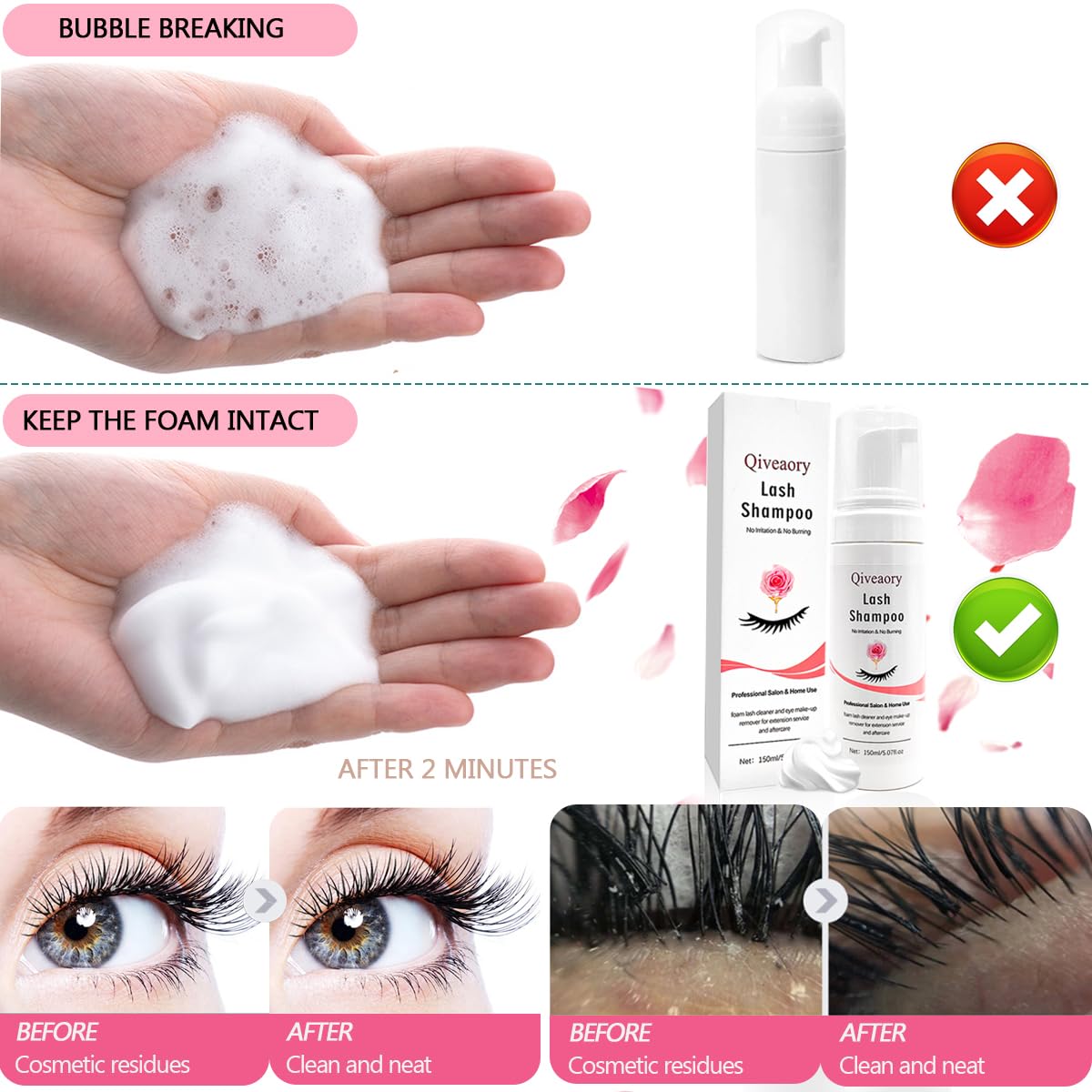 150ml/5.07fl.oz Eyelash Extension Cleanser, Lash Shampoo for Eyelash Extension Eyelash Brush with Cap USB Lash Fan Mascara Brush Wash Bottle Reusable Makeup Remover Pad, Paraben & Sulfate Free