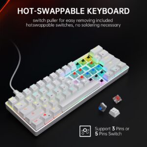 targeal 60% Mechanical Gaming Keyboard - 61 Keys Gateron Red Switch Quiet Office Computer Keyboard - Multi Color RGB Rainbow Led Backlit - Programmable for PC/Windows/Mac/Gamer - USB Wired - White