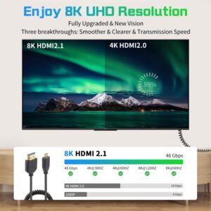 Duttek 8K Micro HDMI to HDMI Coiled Cable, 48Gbps HDMI to Micro HDMI 2.1 Version, Ultra Thin Micro HDMI Male to HDMI Male Cable Support Dynamic HDR for 8K@60Hz, 4K@120Hz Digital Cameras 4FT/1.2M