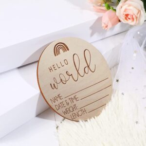 Rainbow Wooden Baby Announcement Sign Hello World Newborn Gift Share Baby's Birth Information Customizable Keepsake 10CM Diameter, 0.25CM Thick Wood Material