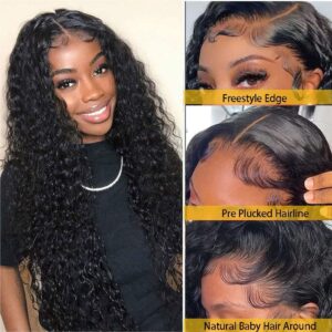 Curly Lace Front Wig Human Hair 13x4 180% Density Deep Wave Lace Front Wigs Human Hair HD Transparent Glueless Lace Frontal Wigs Pre Plucked Natural Color 18 Inches