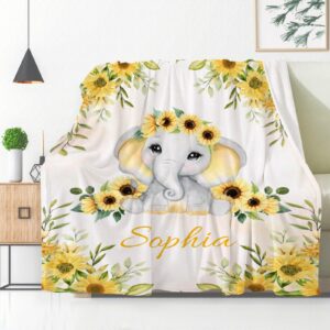 FUNDESIGN Sunflower Elephant Baby Personalized Flannel Blanket, Custom Name, Soft Cozy Plush Fleece Throw Bed Quilt, 30'x40' for Babies