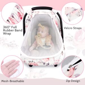 Carseat Cover Girls, Floral Baby Carseat Canopy with Zipper Mesh, Infant Stroller Cover, Watercolor Pink Flower