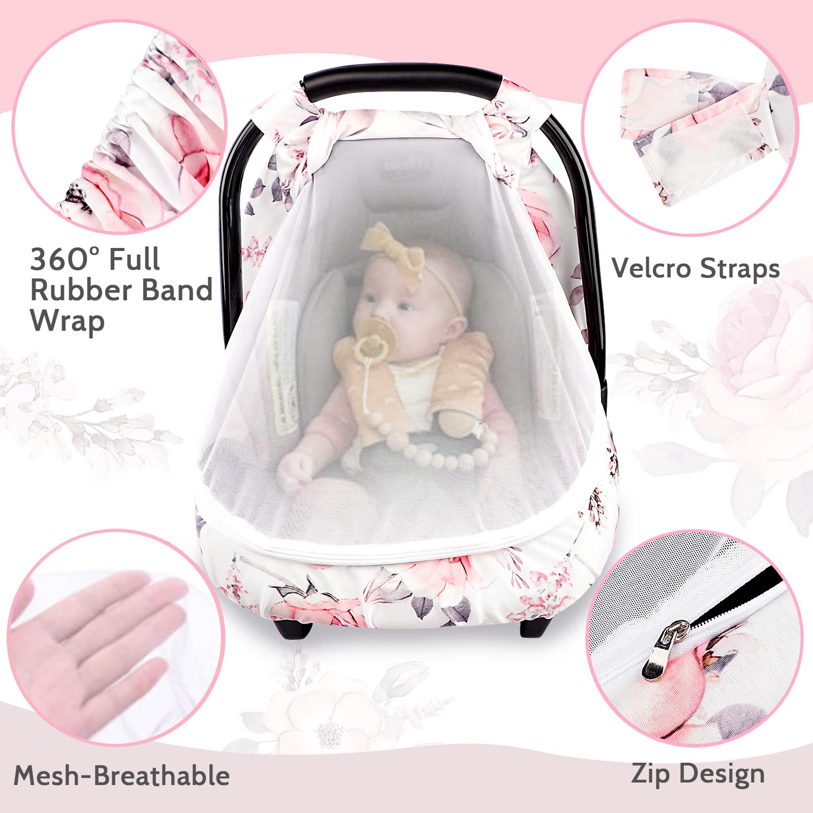 Carseat Cover Girls, Floral Baby Carseat Canopy with Zipper Mesh, Infant Stroller Cover, Watercolor Pink Flower