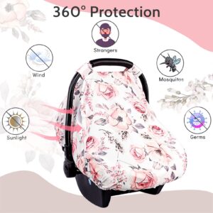 Carseat Cover Girls, Floral Baby Carseat Canopy with Zipper Mesh, Infant Stroller Cover, Watercolor Pink Flower