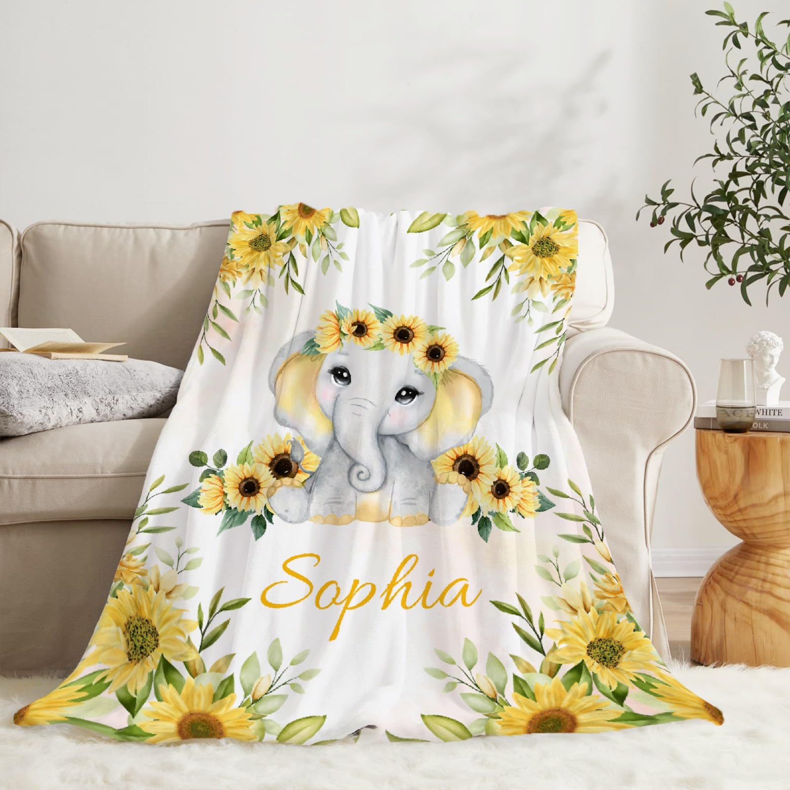 FUNDESIGN Sunflower Elephant Baby Personalized Flannel Blanket, Custom Name, Soft Cozy Plush Fleece Throw Bed Quilt, 30'x40' for Babies