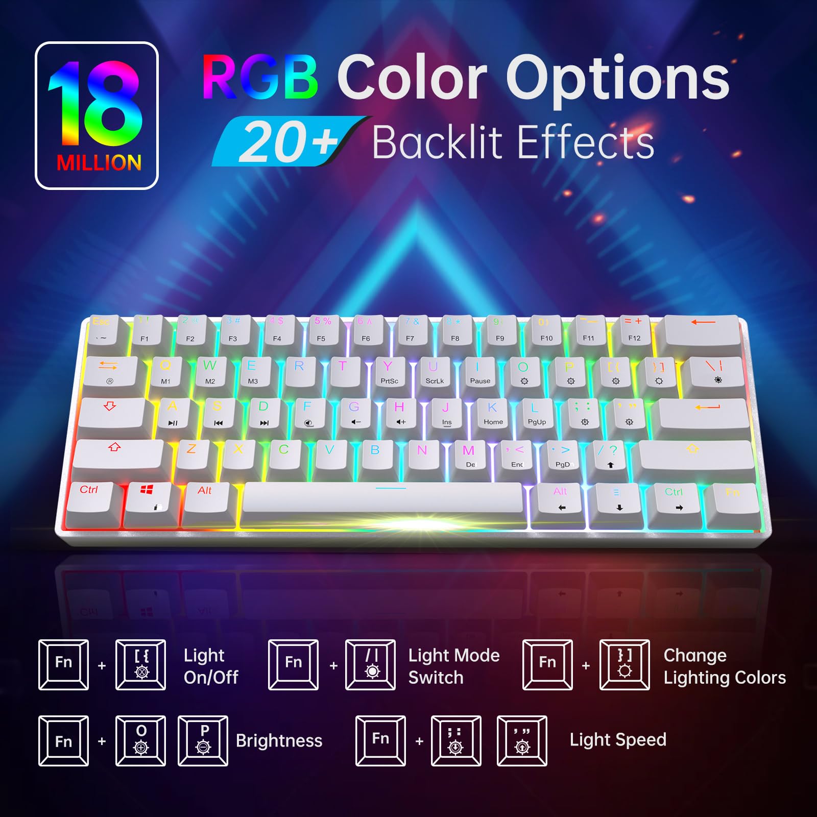 targeal 60% Mechanical Gaming Keyboard - 61 Keys Gateron Red Switch Quiet Office Computer Keyboard - Multi Color RGB Rainbow Led Backlit - Programmable for PC/Windows/Mac/Gamer - USB Wired - White