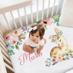 Munific Floral Deer Baby Crib Sheets, Personalized Fitted Crib Bedding Sheets with Name, Custom Pack and Play Sheets, Crib Mattress Sheets for Baby Boys Girls, Mini Crib Sheet | Name Crib Sheets