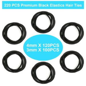 Hair Ties, 220 Pcs Black Hair Ties for Women or Men, Ponytail Holders, Premium Elastic Hair Ties for Thick Hair, Hair Bands for Women's Hair, Hair Tie, Hair Elastics, Hair Band-120Pcs 4mm, 100PCS 3mm