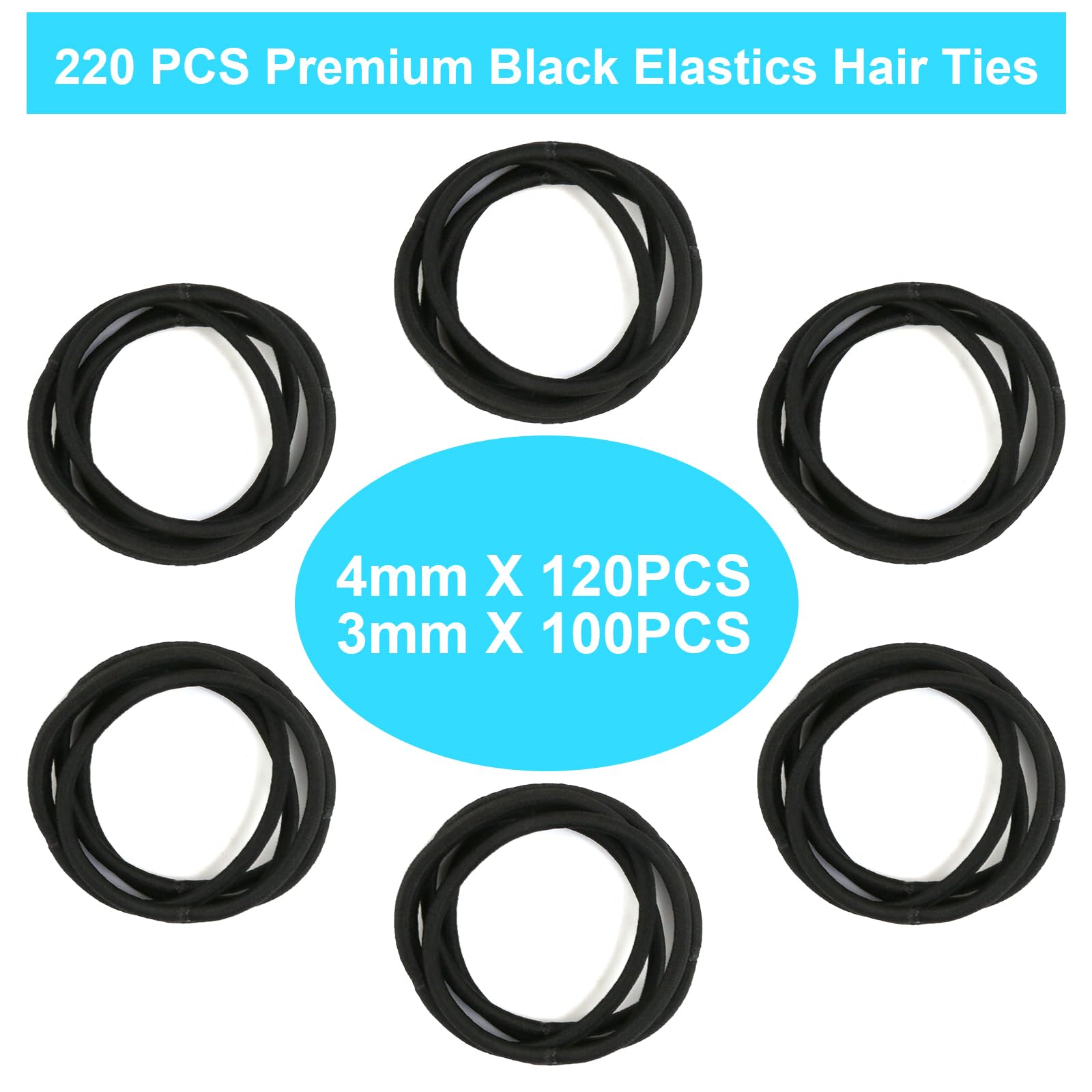 Hair Ties, 220 Pcs Black Hair Ties for Women or Men, Ponytail Holders, Premium Elastic Hair Ties for Thick Hair, Hair Bands for Women's Hair, Hair Tie, Hair Elastics, Hair Band-120Pcs 4mm, 100PCS 3mm