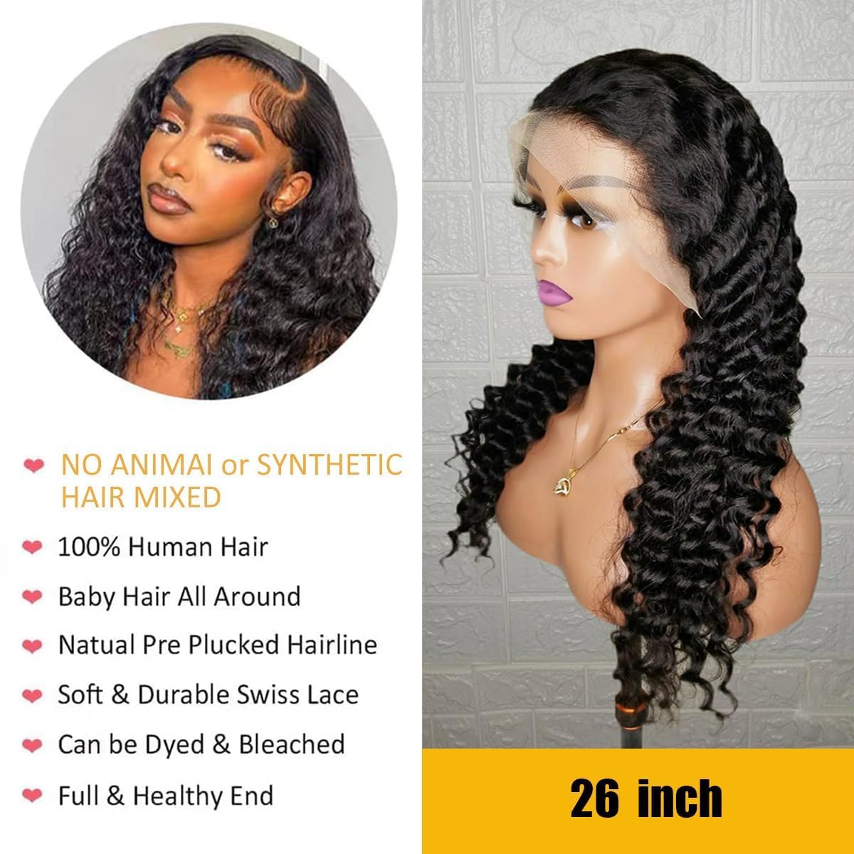 Curly Lace Front Wig Human Hair 13x4 180% Density Deep Wave Lace Front Wigs Human Hair HD Transparent Glueless Lace Frontal Wigs Pre Plucked Natural Color 18 Inches