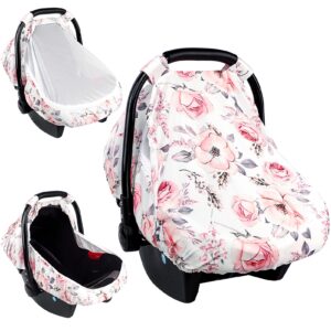 carseat cover girls, floral baby carseat canopy with zipper mesh, infant stroller cover, watercolor pink flower