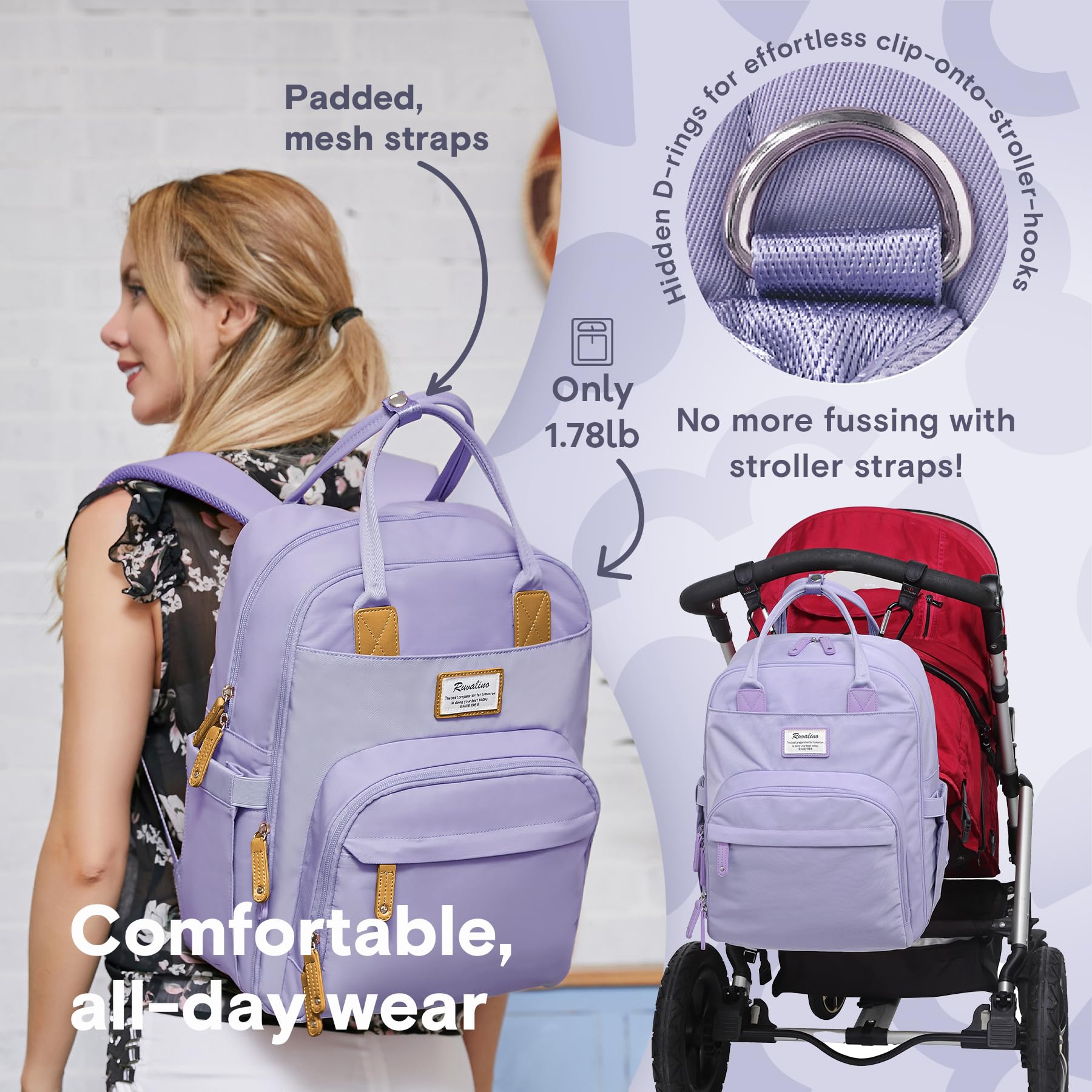 RUVALINO Diaper Bag Backpack - Multifunction Waterproof Travel Backpack, Maternity Baby Bag Tote for Girls with Changing Pad & Stroller Ring & Pacifier Case - Baby Registry Search - Taro Purple