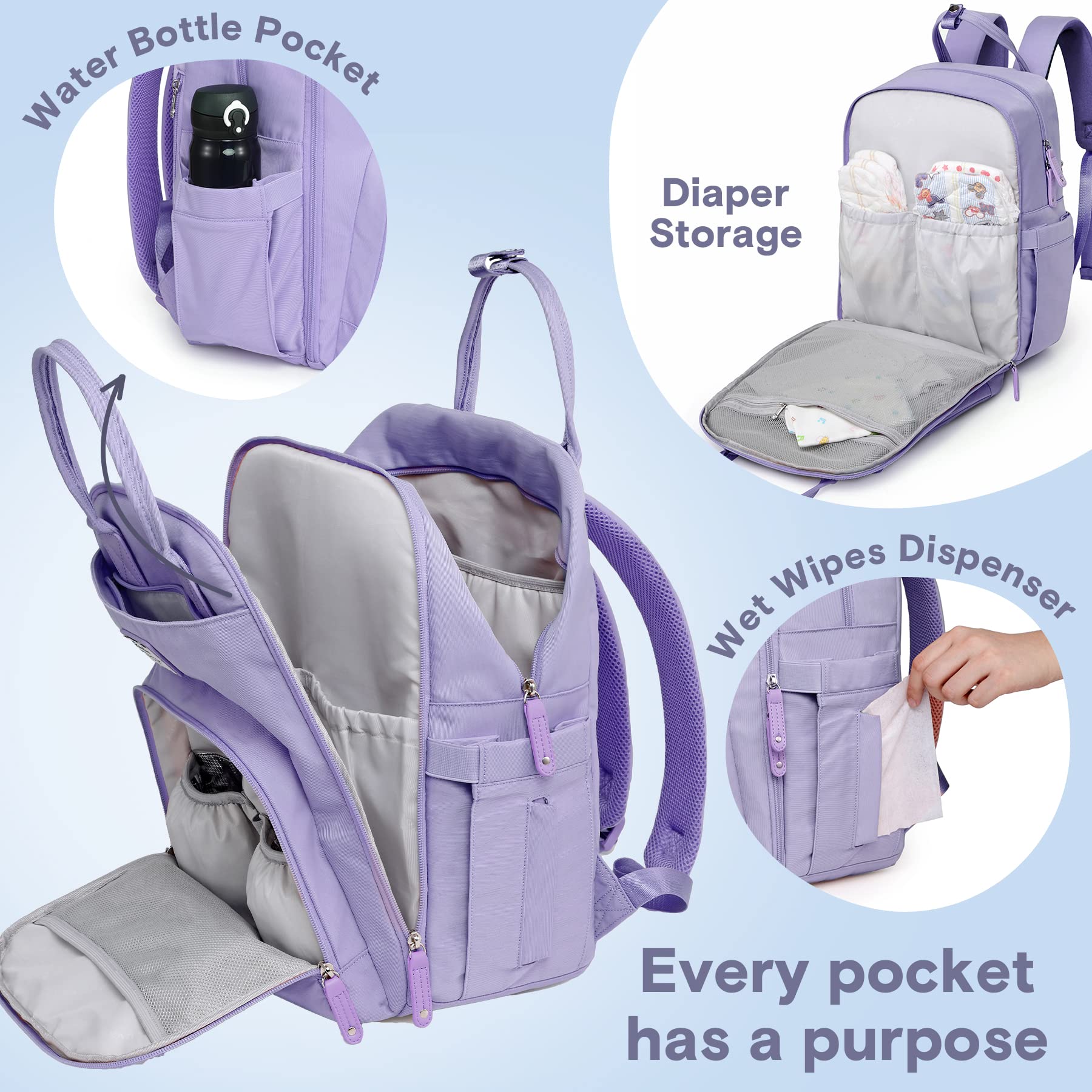 RUVALINO Diaper Bag Backpack - Multifunction Waterproof Travel Backpack, Maternity Baby Bag Tote for Girls with Changing Pad & Stroller Ring & Pacifier Case - Baby Registry Search - Taro Purple