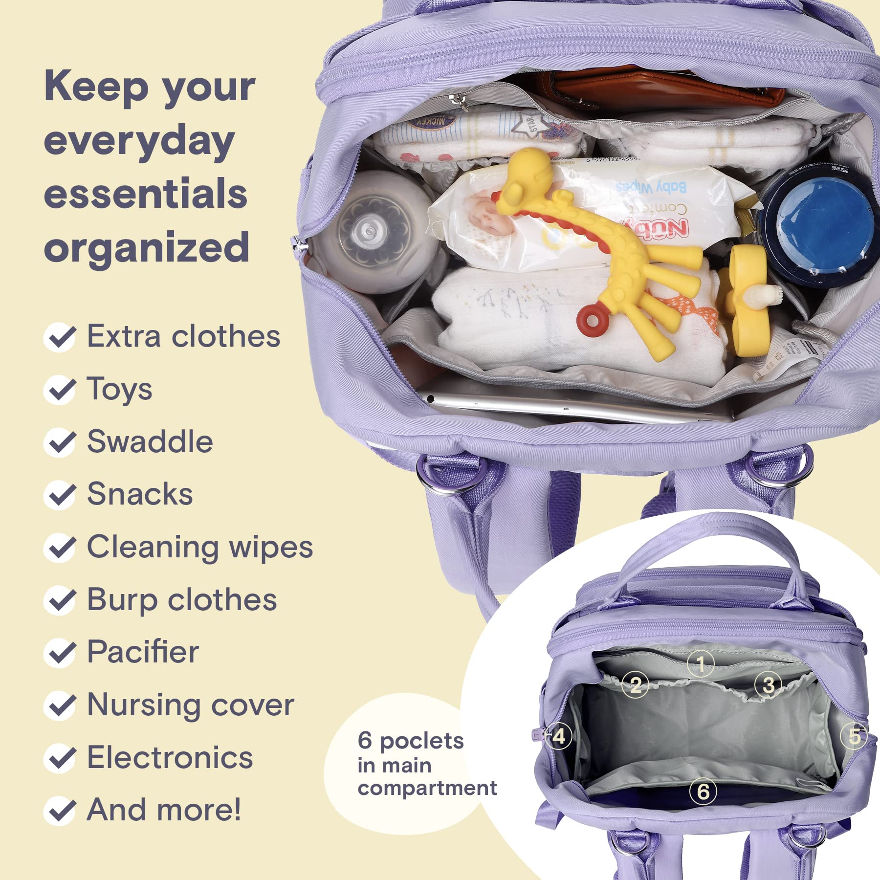 RUVALINO Diaper Bag Backpack - Multifunction Waterproof Travel Backpack, Maternity Baby Bag Tote for Girls with Changing Pad & Stroller Ring & Pacifier Case - Baby Registry Search - Taro Purple