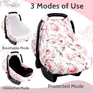 Carseat Cover Girls, Floral Baby Carseat Canopy with Zipper Mesh, Infant Stroller Cover, Watercolor Pink Flower