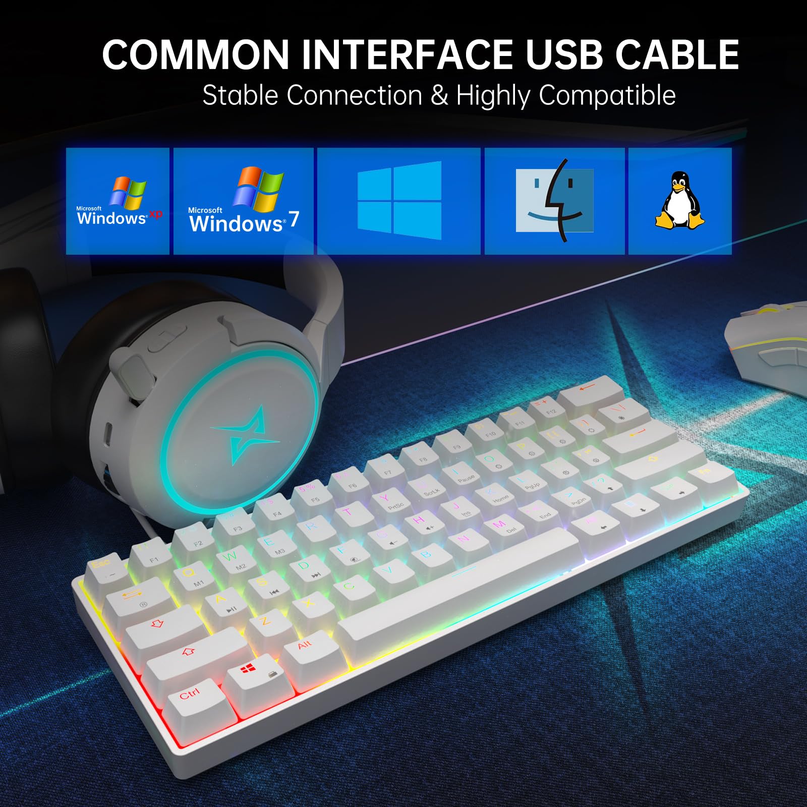 targeal 60% Mechanical Gaming Keyboard - 61 Keys Gateron Red Switch Quiet Office Computer Keyboard - Multi Color RGB Rainbow Led Backlit - Programmable for PC/Windows/Mac/Gamer - USB Wired - White