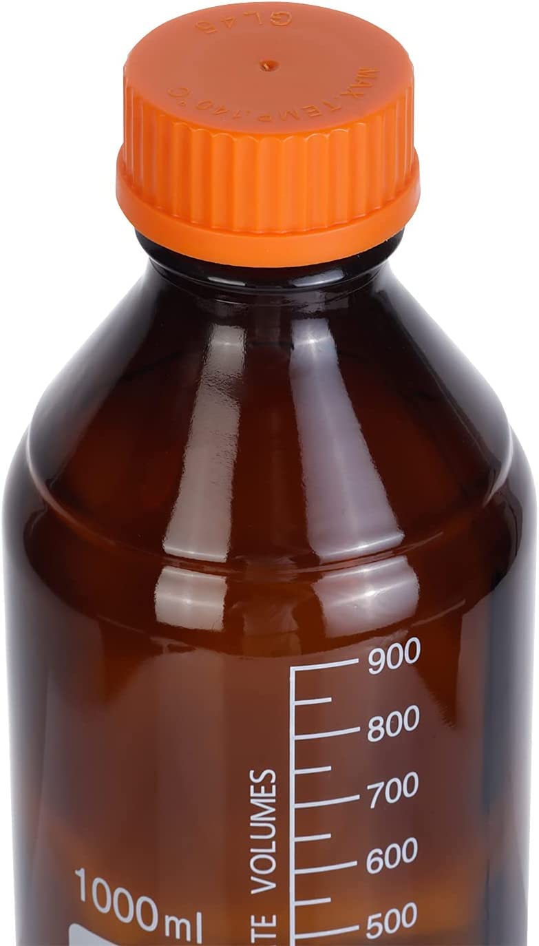 Basstein Lab Media Storage Amber Bottles Brown Graduated Glass Container GL45 Screw Cap Leakproof Multi-Purpose for Scientific | Pack of 4 (Orange,1000ml)