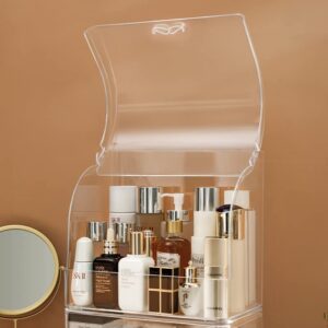 Large Acrylic Makeup Organizer With Lid Cosmetic Storage Drawers Portable Makeup Organizers Dustproof And Waterproof Box For Women (Gold/Clear, 11.8inx 14in x 7in)