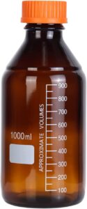 basstein lab media storage amber bottles brown graduated glass container gl45 screw cap leakproof multi-purpose for scientific | pack of 4 (orange,1000ml)