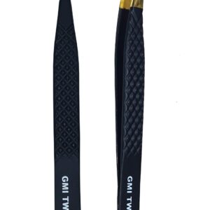 2pcs Black Straight and L-Shaped (Boot) Gold Pointed Eyelash Tweezers for Lash Extension - Stainless Steel Precision Tweezers for Volume and Classic Lashes - False Eyelash Extension Kit.