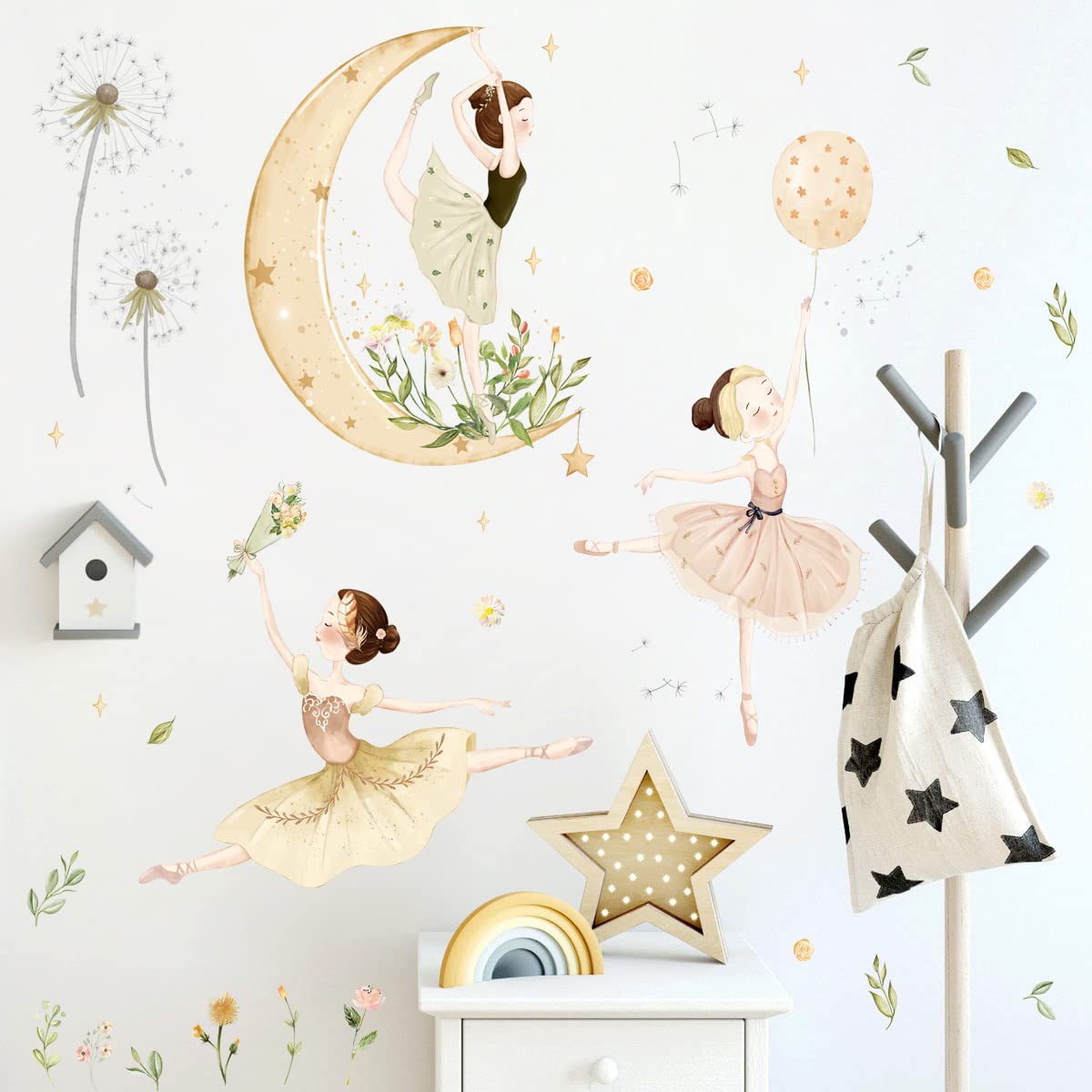 2 Sheets Ballet Girls Wall Stickers 3D Moon and Flower Wall Decals DIY Removable Dandelions Wall Sticker for Kids Baby Girls Bedroom Nursery Living Room TV Background Kids Rooms Home Wall Decoration