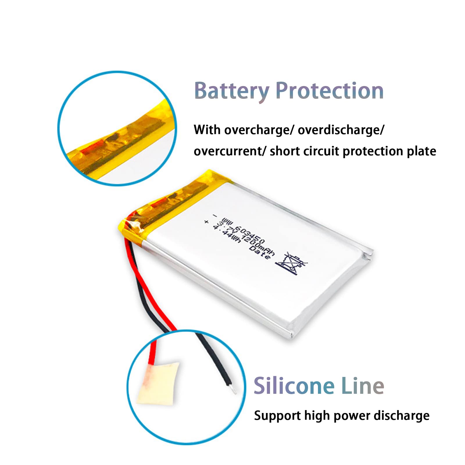 FREEDOH 1200mAh Lithium Battery 3.7V 1.2AH Rechargeable Lithium Polymer ion Battery 603450 Home Backup Polymer Batteries with Protection Board (2pcs)