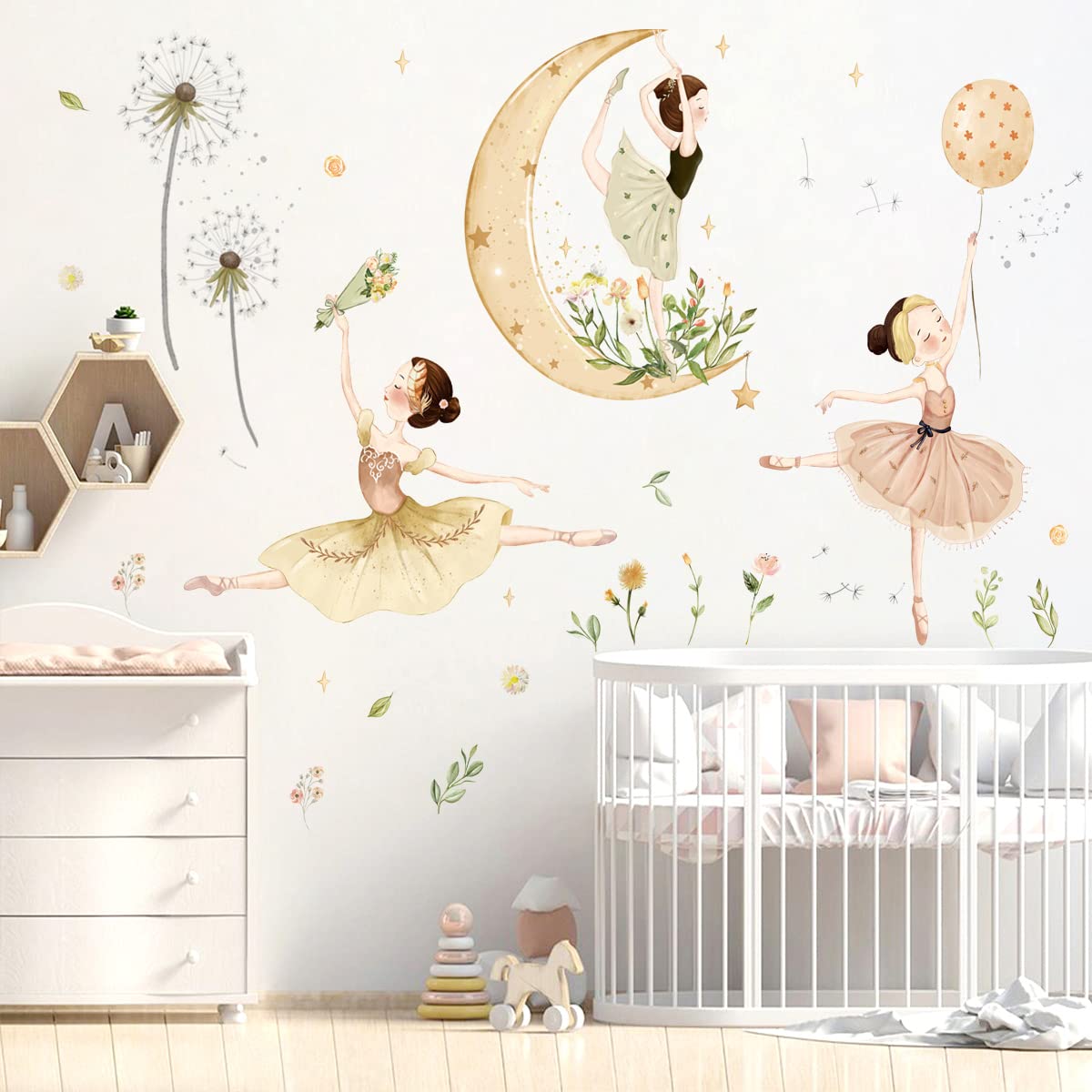 2 Sheets Ballet Girls Wall Stickers 3D Moon and Flower Wall Decals DIY Removable Dandelions Wall Sticker for Kids Baby Girls Bedroom Nursery Living Room TV Background Kids Rooms Home Wall Decoration