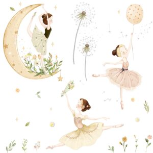 2 Sheets Ballet Girls Wall Stickers 3D Moon and Flower Wall Decals DIY Removable Dandelions Wall Sticker for Kids Baby Girls Bedroom Nursery Living Room TV Background Kids Rooms Home Wall Decoration