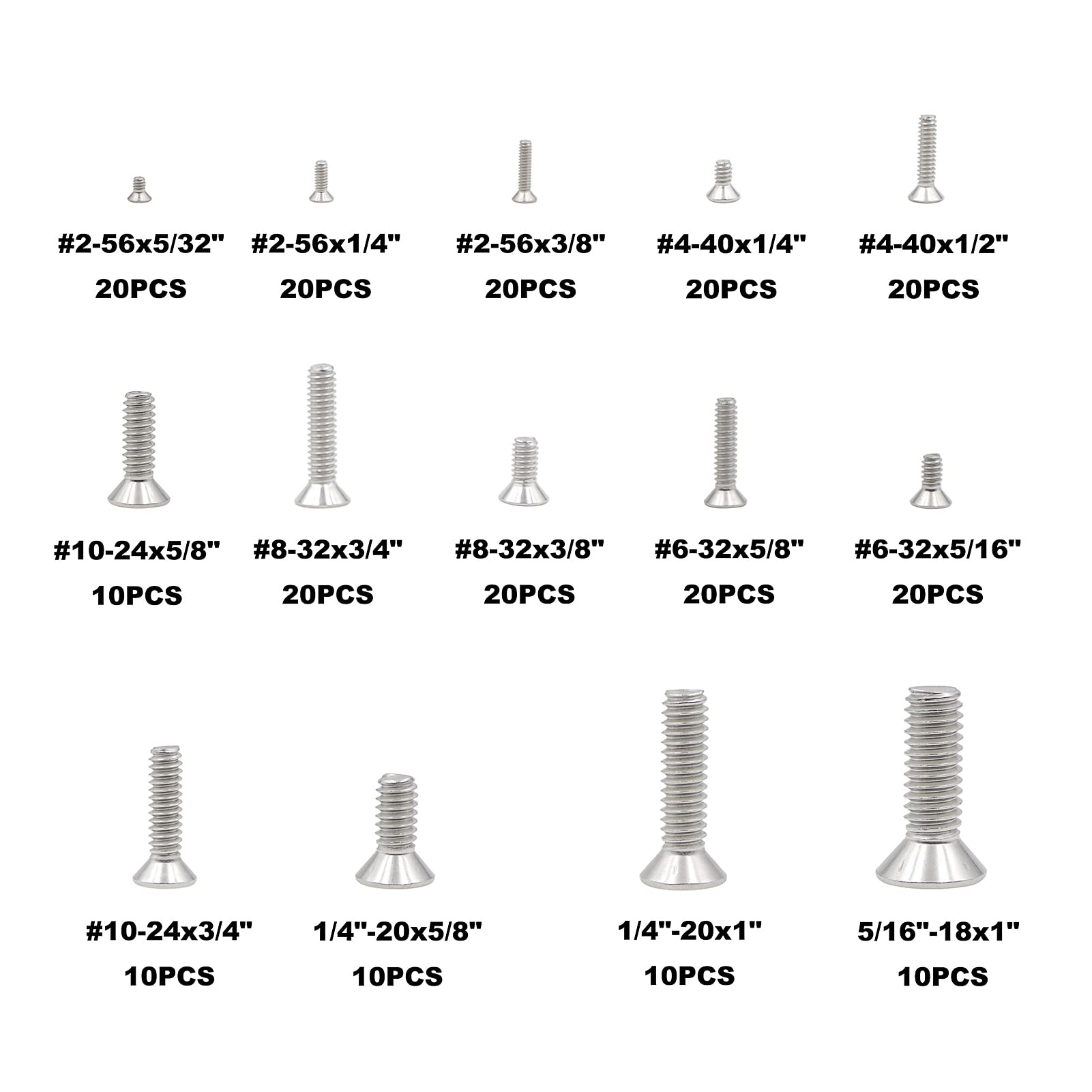 MCMASKE #2-56#4-40#6-32#8-32#10-24 1/4"-20 5/16"-18 UNC 304 Stainless Steel Phillips Flat Head Machine Screws Assortment Kit