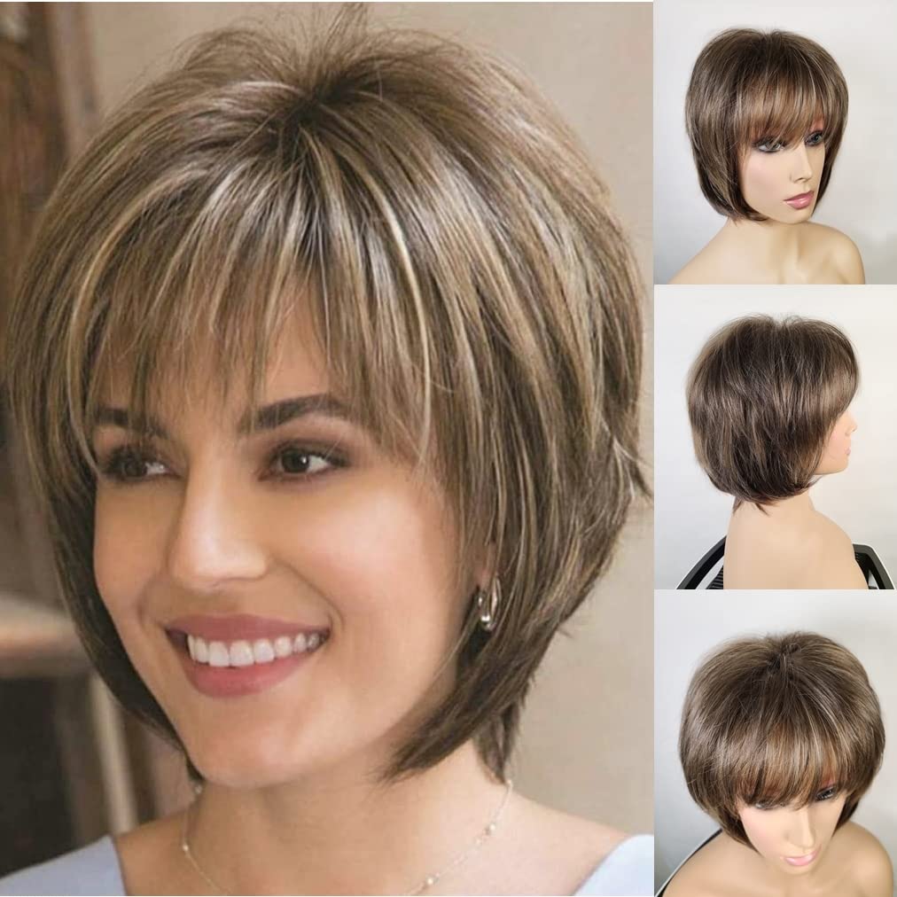 LEDABAO Pixie Cuts Short Wigs with Bangs Dark Brown Mixed Blonde Highlight Wig for white women wig daily parties