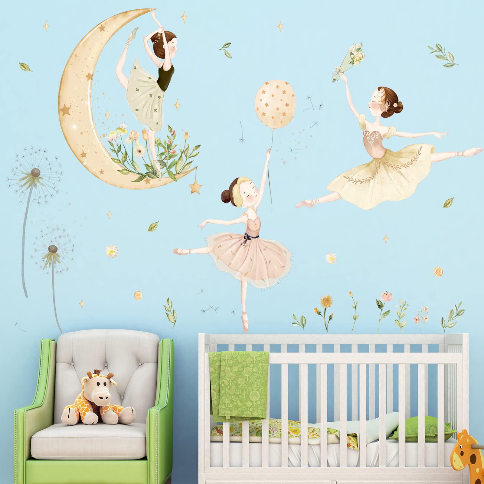 2 Sheets Ballet Girls Wall Stickers 3D Moon and Flower Wall Decals DIY Removable Dandelions Wall Sticker for Kids Baby Girls Bedroom Nursery Living Room TV Background Kids Rooms Home Wall Decoration