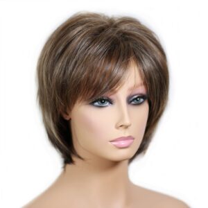 LEDABAO Pixie Cuts Short Wigs with Bangs Dark Brown Mixed Blonde Highlight Wig for white women wig daily parties