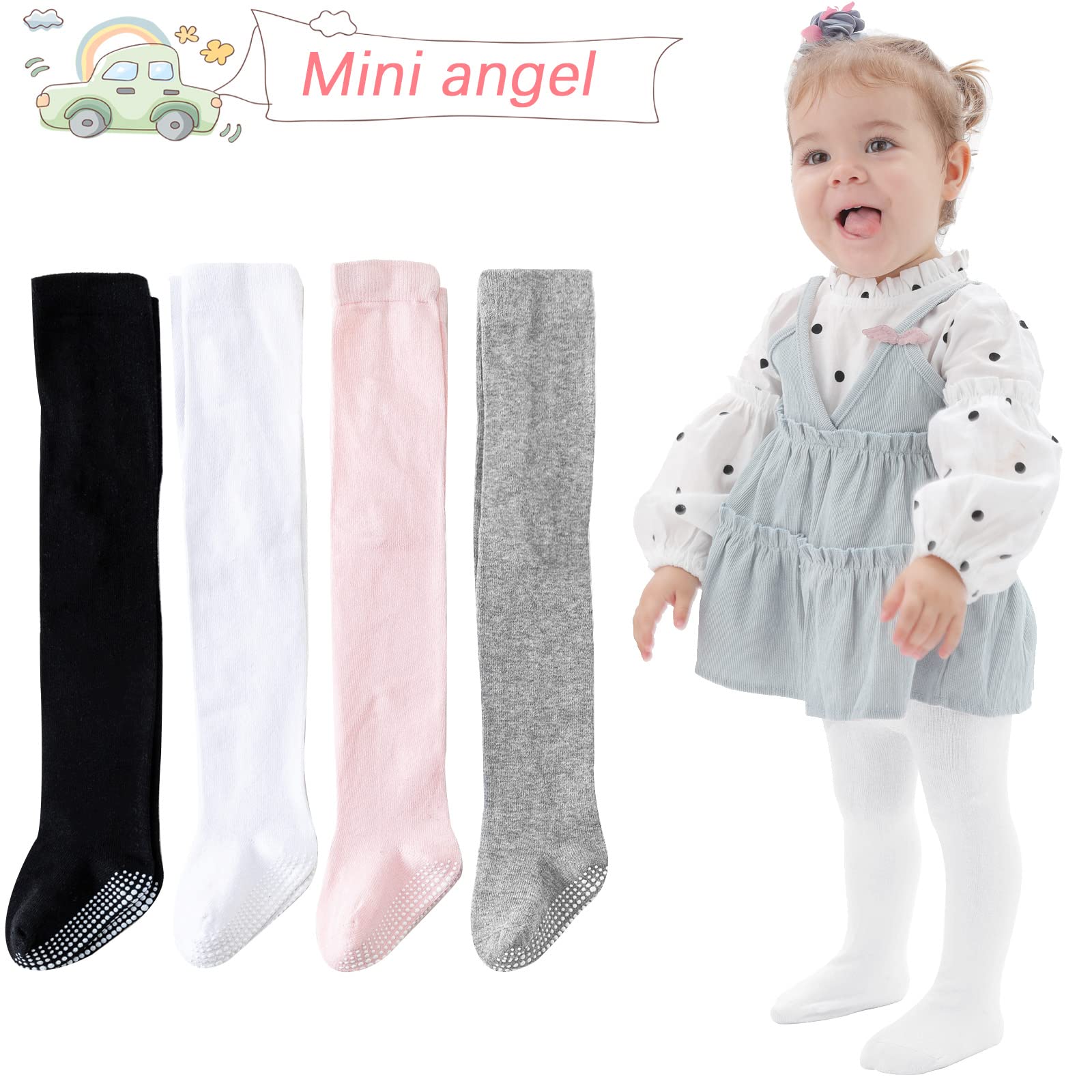 Mini angel Baby Girl Tights Non Slip Baby Tights Warm Cotton Leggings 2-4 Years Seamless Pantyhose Non-Skid Grip for Toddler 3 Pack (Black, White, Pink, L)