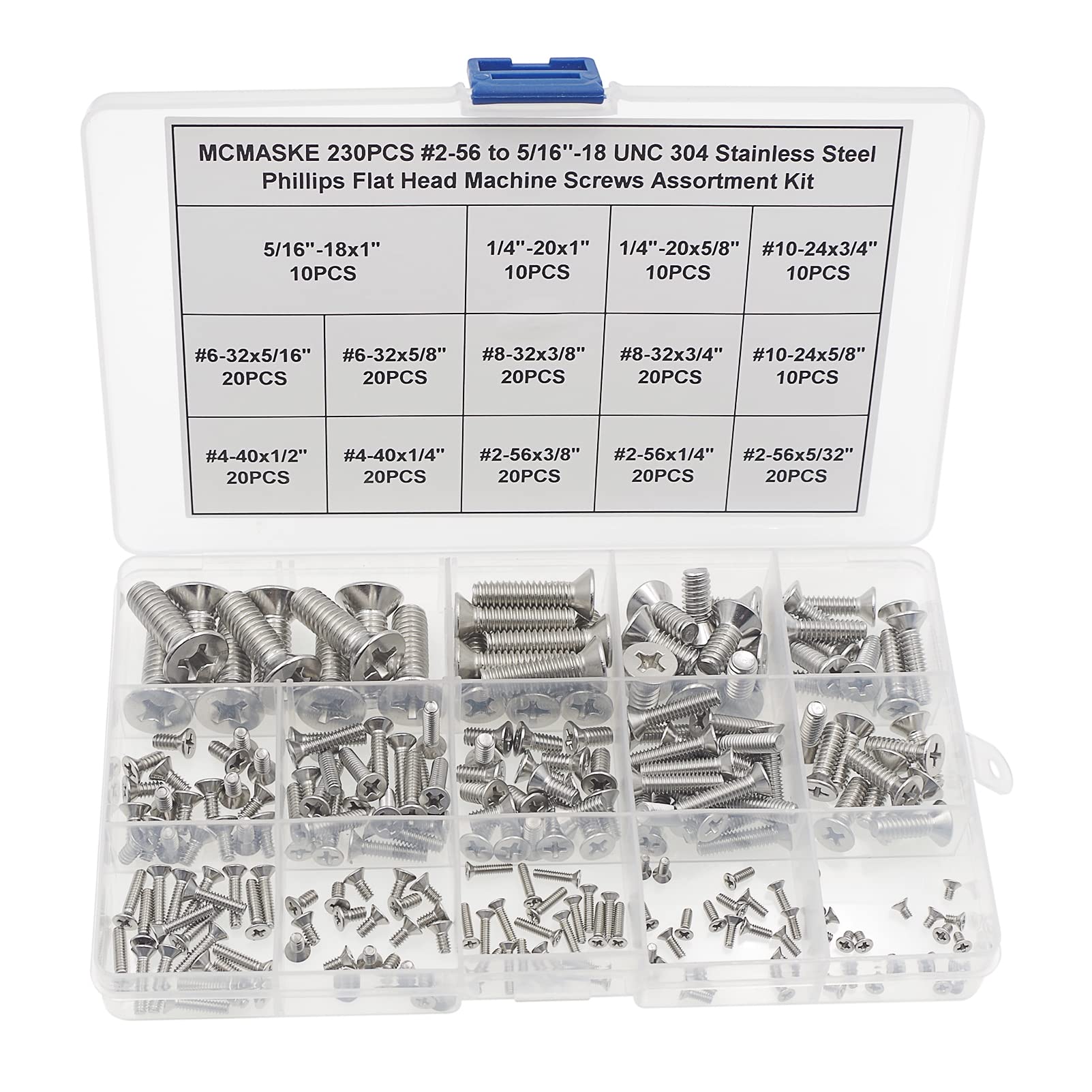 MCMASKE #2-56#4-40#6-32#8-32#10-24 1/4"-20 5/16"-18 UNC 304 Stainless Steel Phillips Flat Head Machine Screws Assortment Kit