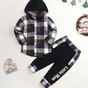 Axumity Toddler Boy Clothes Hoodie Sweatsuit Outfits Kids Flannel Plaid Shirt Top Colorblock Pants Set for Fall Winter Spring(3-4t)