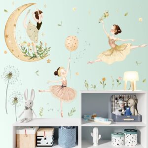 2 Sheets Ballet Girls Wall Stickers 3D Moon and Flower Wall Decals DIY Removable Dandelions Wall Sticker for Kids Baby Girls Bedroom Nursery Living Room TV Background Kids Rooms Home Wall Decoration